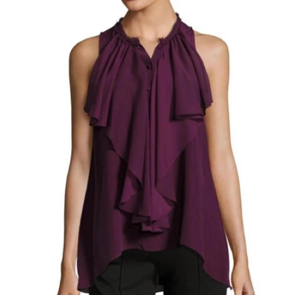 Alice Olivia Elisa High Neck Burgundy Wine Merlot Silk Ruffle Sleeveless Blouse